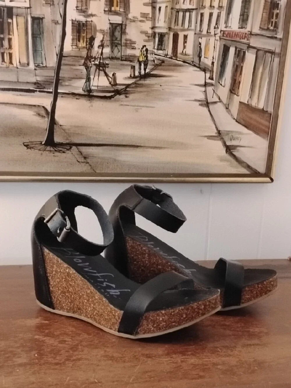 Blowfish Black Leather Ankle-Strap Cork Wedges